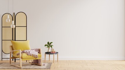 Interior design of living room with yellow armchair on empty white wall.