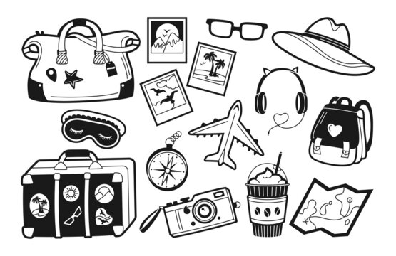 Travel or vacation journey printing stamp glyph set. Vintage camera, sleep mask, luggage suitcase headphones plane trendy stencil. Summer sunglasses hat, holiday flat kit diary memory scrapbook vector