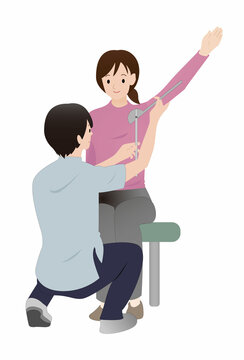 上肢の関節可動域測定、肩関節外転のROM測定をする理学療法士か作業療法士