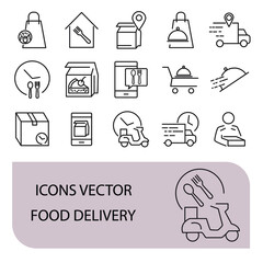 Food delivery icons set . Food delivery pack symbol vector elements for infographic web
