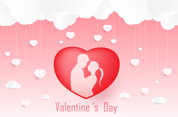 Love and Valentine day, Lovers stand and a paper art heart shape balloon floating in the sky. craft style.