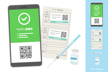 「ワクチン接種済」とQRコードが表示されたスマートフォンのワクチンパスポート、ワクチン接種証明証、注射器とワクチンの入った瓶のベクターイラスト