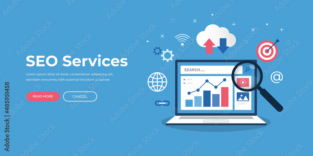 Poster seo optimization services concept. search engine optimization strategy. data analytics. content deve