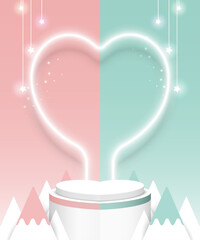 Podium heart shapes for product display on abstract scene Valentine's day background. Vector illustration.