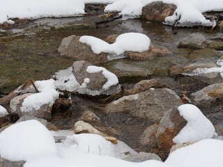 Small creek in winter with the rocks covered with snow