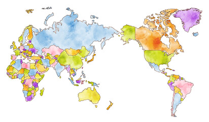 水彩とクレヨンの素朴な手描き世界地図（太平洋中心）カラフル