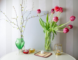 Spring still life, mockup, bouquet of tulips, selective focus