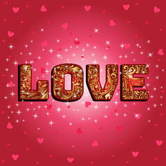 Love lettering background. Red golden love background. Red and Golden Decorative Background Design for Valentine's Day.
