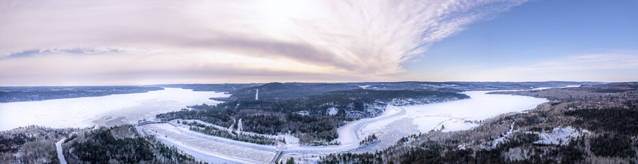 Aerial Of Frozen Ottawa River Hydro Dam