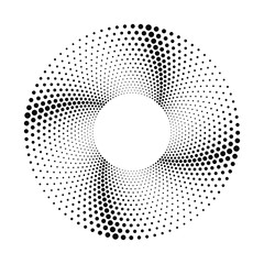 Black halftone dots in vortex form. Dotted design element for border frame, round logo, tattoo, sign, symbol, web pages, prints, emblems, badges, template, pattern and abstract background