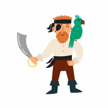 Cute pirate with a sword and a parrot on his shoulder. Vector illustration