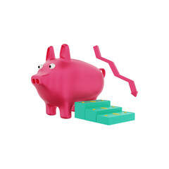 3d rendering finance, piggy bank with investment dollar banknotes down