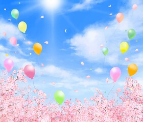 光差し込む青空にカラフルな風船と桜と華やかな花びら舞い散る春の桜フレーム背景素材