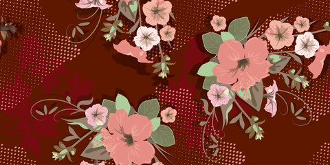 Bright floral pattern for fabric design. Decorative flower hibiscus in pink tones on a red-brown background with pink dots and raspberry leaves, vector illustration © Valentina