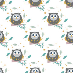 Autumn seamless pattern with owl vector sitting on a tree branch