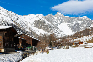 Scenic view of hamlet Bodmen near Bellwald in Valais Alps at sunny winter day, Switzerland