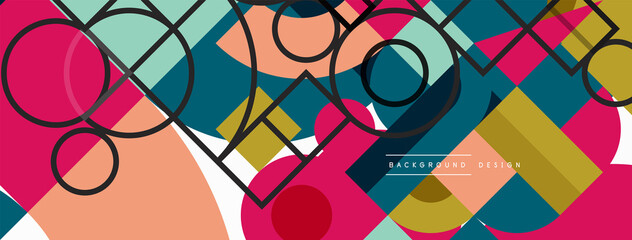 Circle and square geometric background. Round shapes with squares and triangles composition for wallpaper, banner, background or landing