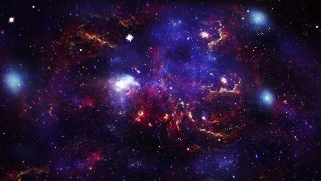 Space exploration travel through outer space towards glowing milky way galaxy PIA12348. Animation of flying through glowing nebulae, clouds and stars. 4K flying through the clouds and star field in de