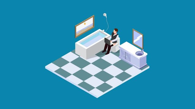Businessman working with laptop in the bathroom