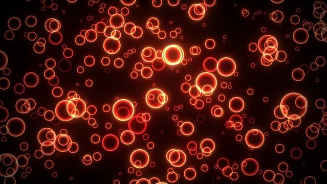 Beautiful floating moving neon glowing red bokeh bubbles lights Seamless loop motion Background. neon red particle on black background can use as overlay or motion titles cinematic background loop.
