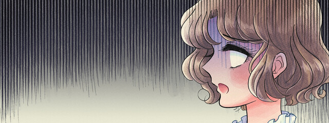 昭和の少女漫画イラストバナー 白目で怒り狂う少女 70s Wall Mural 7 水乃みのる