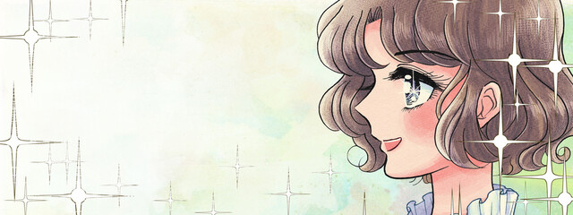 昭和の少女漫画イラストバナー・キラキラ素敵な少女 - obrazy, fototapety, plakaty
