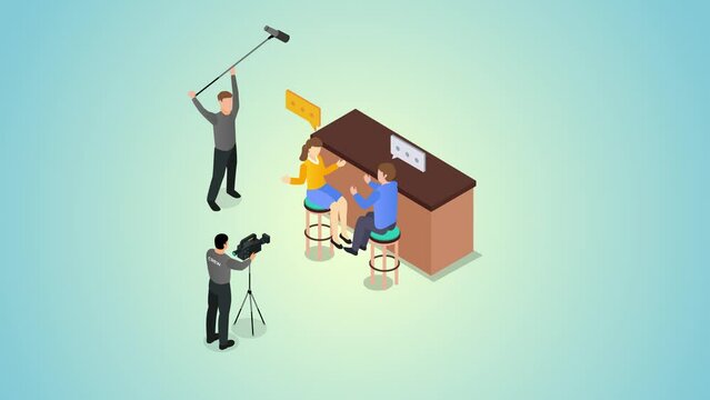 Film crews creating romantic movie scene