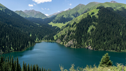 Beautiful mountain lake Kolsai. The greatest depth of this lake is 80 meters.