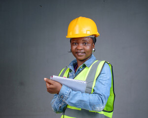 Studio portrait of a happy African Nigerian career lady or female engineer wearing a yellow safety helmet and a reflective jacket and having a pen and writing pad in her hands