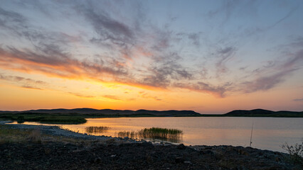 Fototapeta na wymiar Warm dawn over Lake Balkhash 