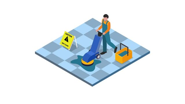 Male janitor cleaning floors with a scrubber machine