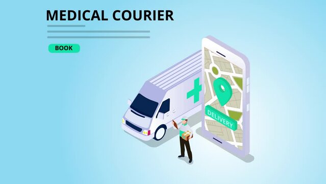 Medical courier holding a package near the van