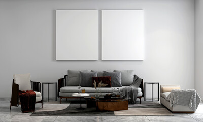 Obraz na płótnie Canvas The luxury white living room interior design and white pattern wall background and canvas frame 
