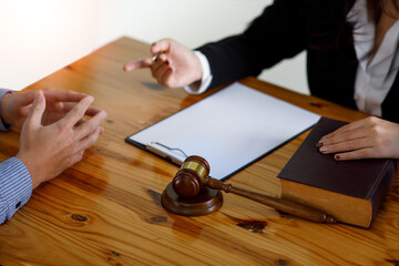 Close up of lawyer or judge consult having team meeting with Business man client, Law and Legal...
