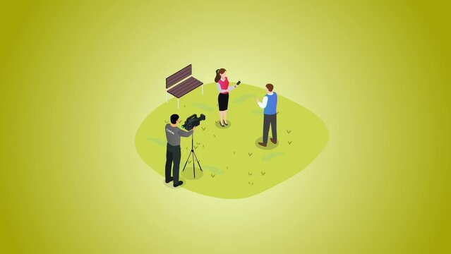 Reporter interviewing a young man at the park
