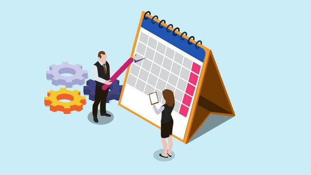 Two business people marking schedule on calendar