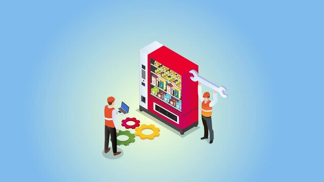 Two workers fixing vending machine