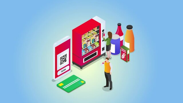 Young couple using smartphone on vending machine