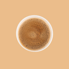 Black aromatic coffee in a paper craft cup on a brown background. Top view. The concept of eco and zero waste. Eco-friendly use. Copy space