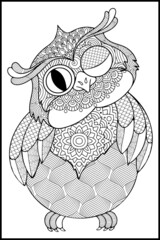 Decorative owl vector graphic, adult coloring page mandala, a tattoo with doodle, zentangle, floral design elements.