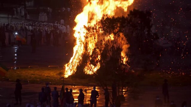 Close up shot for the tree burning and everyone is waiting for the cross to fall to know the direction.