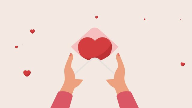 woman hands hold envelope with heart - animation concept.4K video motion animation.