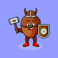 Cute cartoon character Acorn viking pirate with hat and holding hammer and shield in cute style design for t-shirt, sticker, logo element, poster