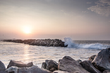 Sea with sunrise ravine and blue sky, Malecón de la punta, Callao. Peru