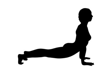 Fototapeta premium Yoga cobra pose or bhujangasana. Woman silhouette practicing strengthing yoga pose. Vector illustration isolated on white background