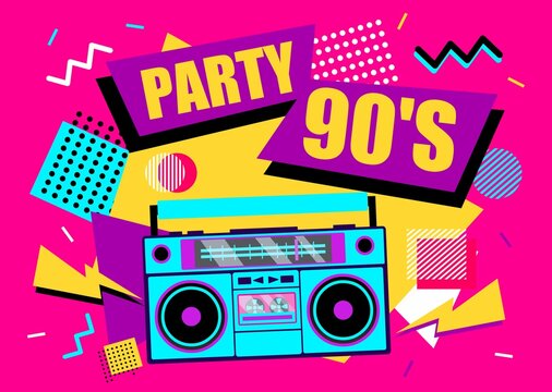 90s retro music poster. 90s party banner design, retro boombox on funky colorful background. Poster, flyer, invitation. Vector illustration