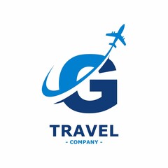 Abstract letter G with plane and airline logo vector design. Suitable for travel label, tourism, journey posters, flight company advertising, airways identity, and tech transportation