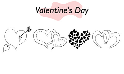 A set of hearts in a linear design. A symbol of love and a Valentine Day holiday. Vector illustration.