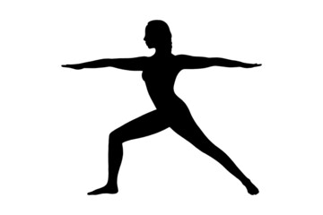 Fototapeta na wymiar Yoga warrior asana or virabhadrasana I. Woman silhouette practicing yoga asana. Vector illustration isolated on white background