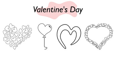 A set of hearts in a linear design. A symbol of love and a Valentine Day holiday. Vector illustration.
